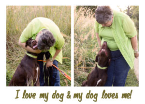 About Dixie's pets: photo of her with her chocolate lab